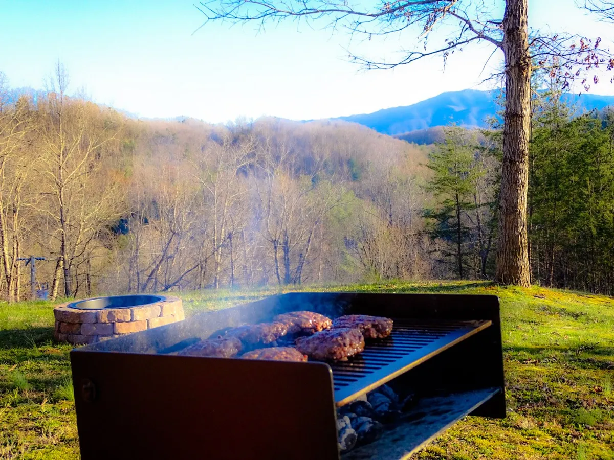 This image presents a grill loaded with burgers in the foreground, a fire pit nearby, and a sweeping mountain view in the distance. The scene blends the excitement of barbecuing, relaxed outdoor dining, and the beauty of the natural surroundings.
